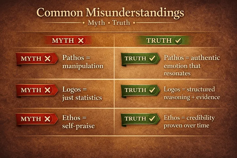 Myth vs truth chart clarifying ethos, pathos, and logos misunderstandings