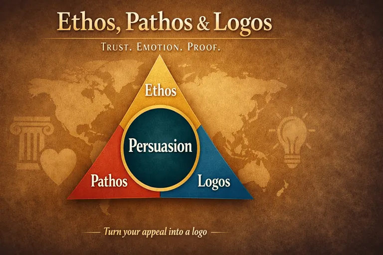 Rhetorical triangle showing the relationship between ethos, pathos, and logos